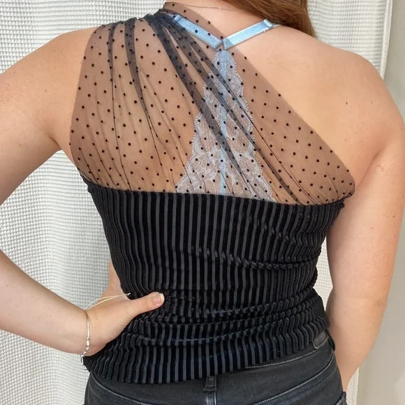 Women’s SHEIN polka dot mesh one-shoulder black velvet blouse. Size M. - Picture 5 of 13